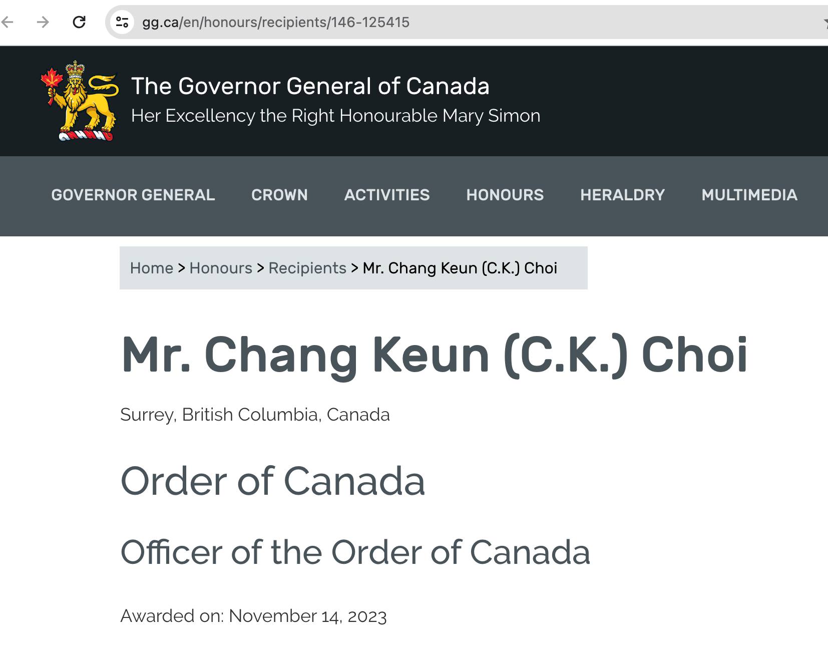 Order of Canada Award 2023